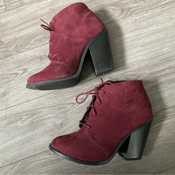 Red/Wine Suede Heeled Booties - Picture 2 of 7